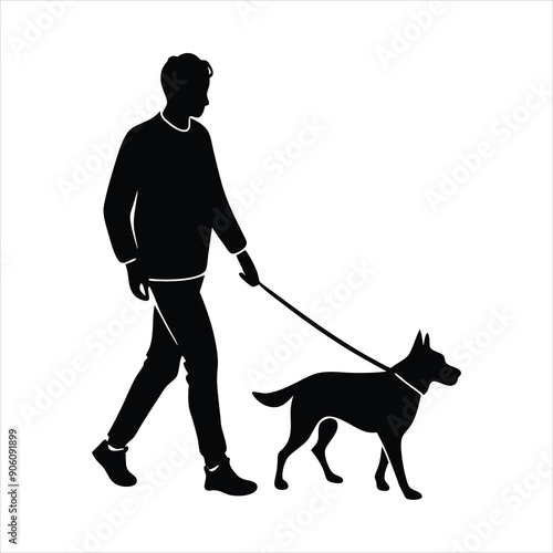 Young man walking with a dog colors black vector