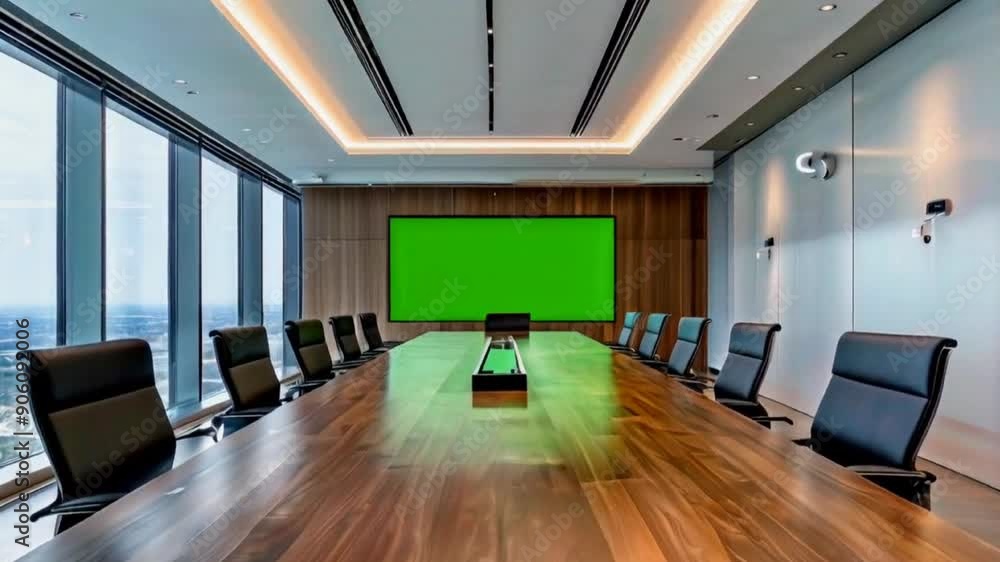 Modern Boardroom, Green Screen Presentation: Spacious and sleek conference room with panoramic city views, featuring a green screen for presentations and a modern design aesthetic. Modern Boardroom, Green Screen Presentation: Spacious and sleek conference room with panoramic city views, featuring a green screen for presentations and a modern design aesthetic.