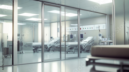 A modern hospital hallway with smooth, shiny floors and stylish lighting fixtures. The space is orderly, with clear directional signs and a soothing color palette.