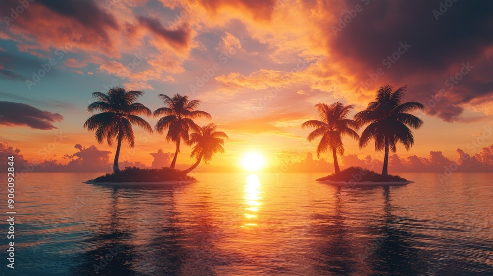 Sunset over a tropical island with ample space for summer-themed messages. Sunset over a tropical island with ample space for summer-themed messages.