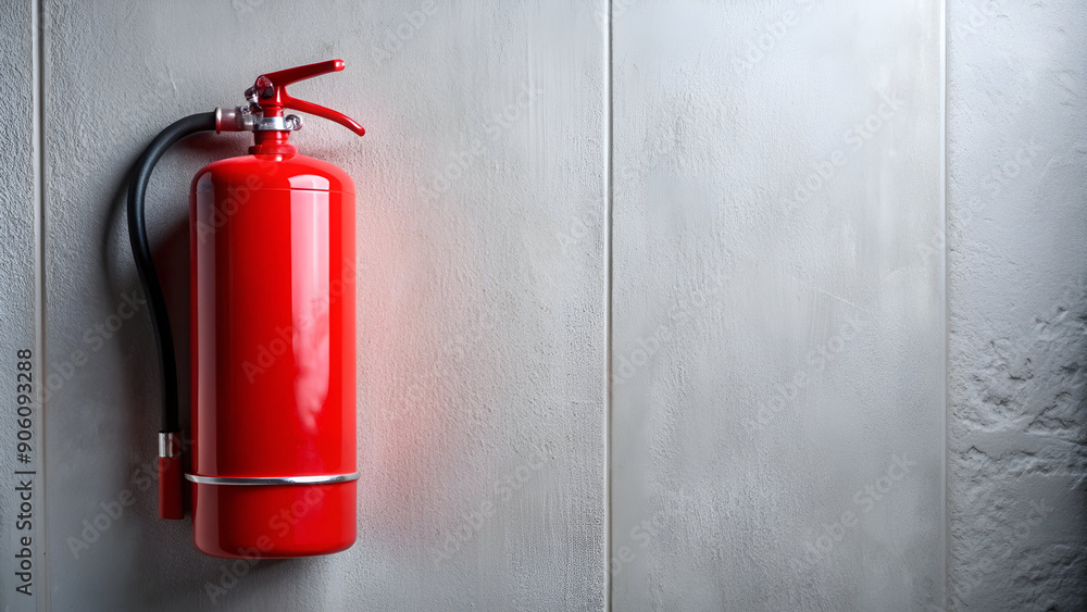 Wall-mounted red fire extinguisher with hose, essential safety equipment Cylindrical fire extinguisher with metallic handle, mounted on gray wall Emergency fire suppression tool, red cylinder with hos Wall-mounted red fire extinguisher with hose, essential safety equipment Cylindrical fire extinguisher with metallic handle, mounted on gray wall Emergency fire suppression tool, red cylinder with hos