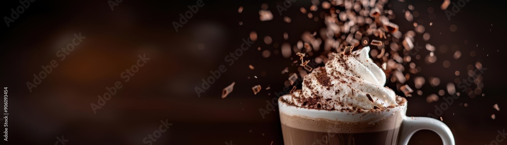 High-resolution image of a luxurious hot chocolate with whipped cream, chocolate shavings, and a sprinkle of cocoa powder in a fine porcelain cup High-resolution image of a luxurious hot chocolate with whipped cream, chocolate shavings, and a sprinkle of cocoa powder in a fine porcelain cup