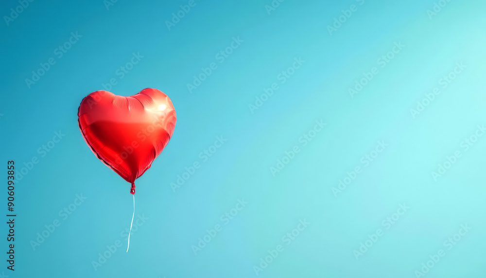 Single red heart-shaped balloon floating in a blue sky. Single red heart-shaped balloon floating in a blue sky.