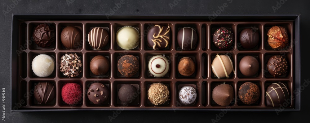 Assortment of gourmet chocolates in a box, ready to be enjoyed. Assortment of gourmet chocolates in a box, ready to be enjoyed.