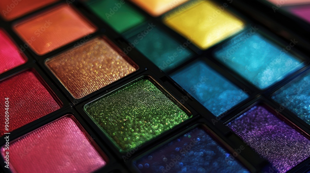 a close-up of colorful eyeshadow palettes arranged in a row