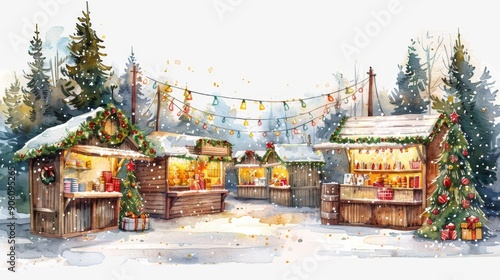 Cartoon watercolor Christmas market with festive stalls and twinkling lights. Isolate A white background surrounds the main subject. photo