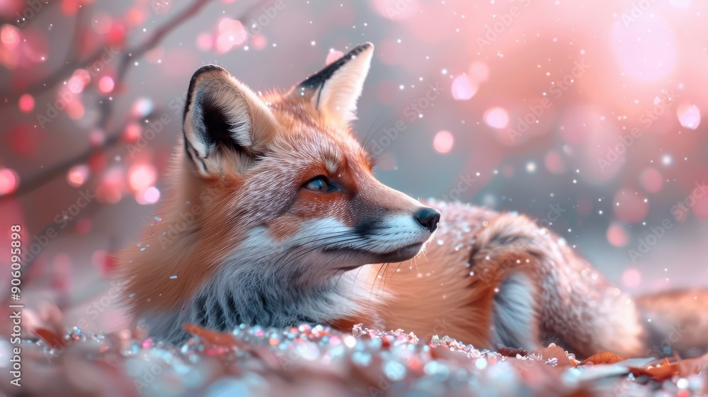 Fototapeta premium Fox with neon fur camouflaged against glitter and sequin backdrop.