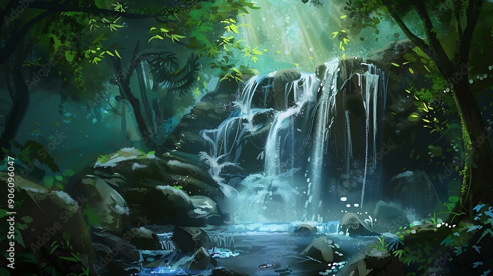 Tranquil Waterfall in a Lush Green Forest with Sunbeams Streaming Through the Canopy. Tranquil Waterfall in a Lush Green Forest with Sunbeams Streaming Through the Canopy.