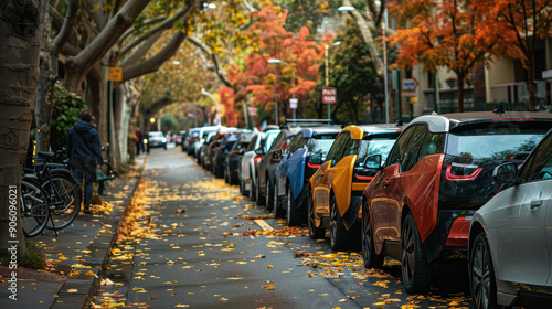 Wallpaper Mural A row of parked cars on a street with trees in the background. The cars are mostly black and red Torontodigital.ca