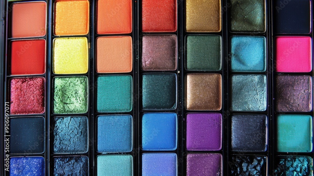 a close-up of colorful eyeshadow palettes arranged in a row a close-up of colorful eyeshadow palettes arranged in a row