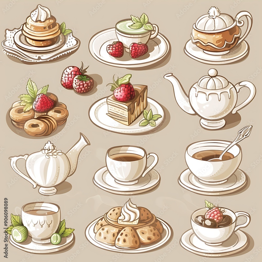 Tea Time Set - Whimsical Illustration of Teacups, Cakes, and Sweet Treats. Tea Time Set - Whimsical Illustration of Teacups, Cakes, and Sweet Treats.