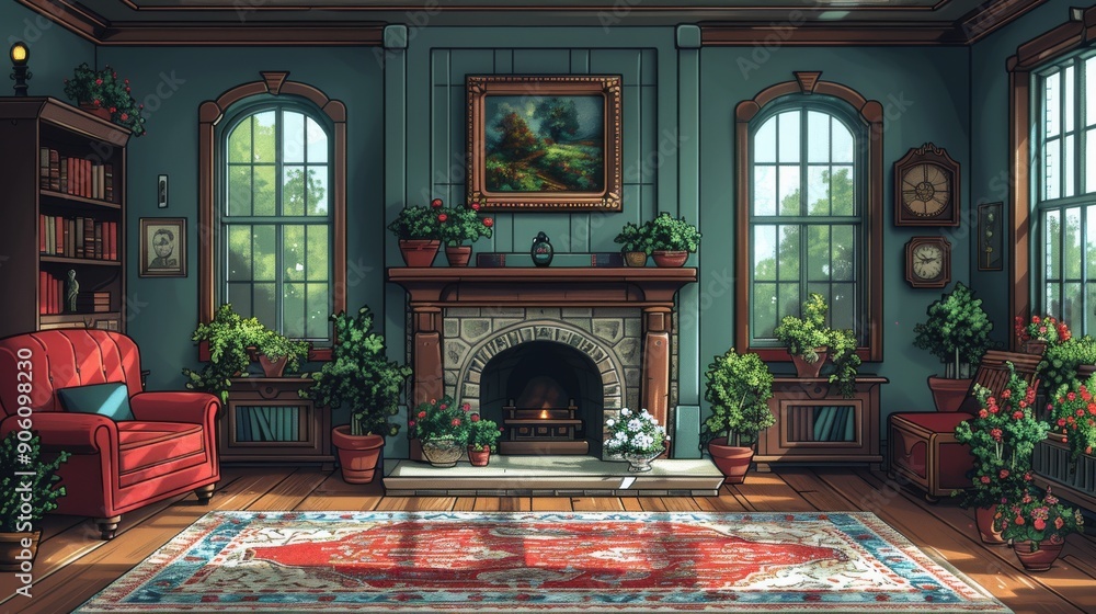 Obraz premium Background: The illustration of a haunted Victorian house, complete with typeface lettering and gold accents, adds an element of old-world elegance and mystery to any room