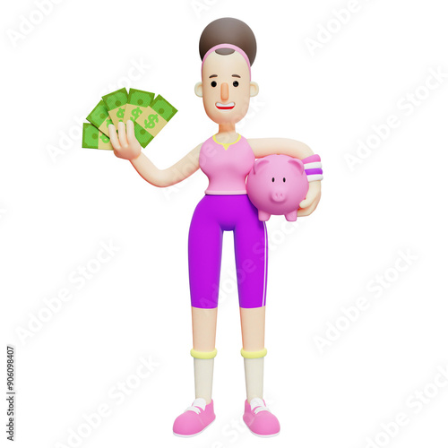 3D Yoga Postures. Saving and Boosting Finances. Girl Cartoon Character