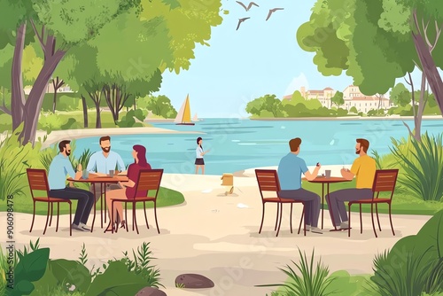 Friends enjoying drinks and conversation on a sunny day by the water.