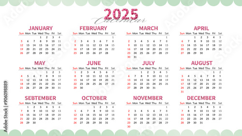 Annual calendar template for 2025 year. Week Starts on Sunday. Business calendar in a minimalist style for 2025 year.