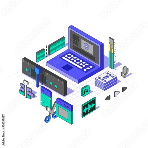Isometric Video Editing Software. Video Editor processing Tools in Different Dimension. Axonometric vector illustration . Software for Motion Designer