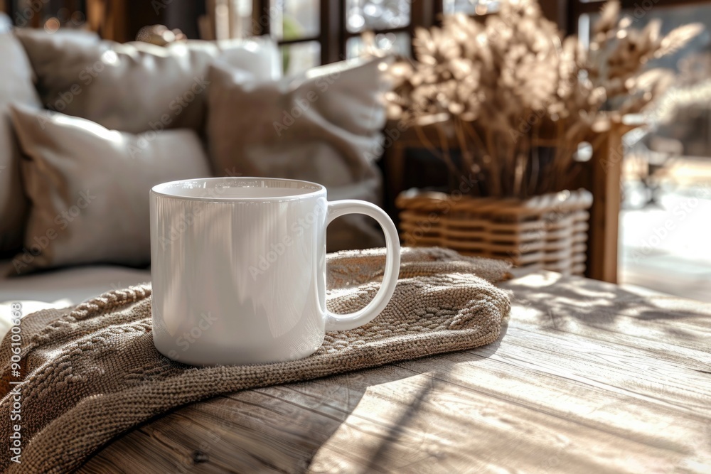 A white coffee mug sits on a table next to a brown blanket A white coffee mug sits on a table next to a brown blanket