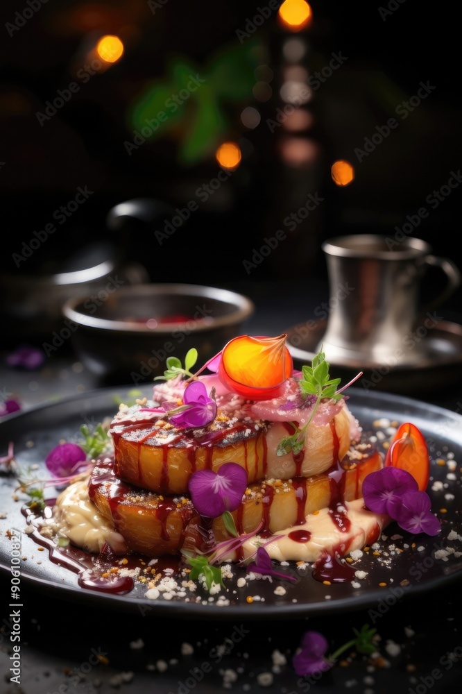 A plate of food with a sauce and garnish on top A plate of food with a sauce and garnish on top