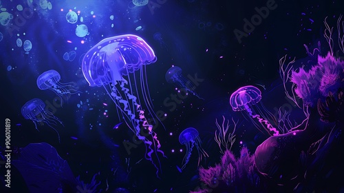 Glowing Jellyfish in a Deep Blue Ocean.