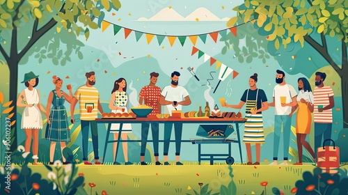 Labor Day gathering, cookout celebration, solidarity and festivity, flat design illustration