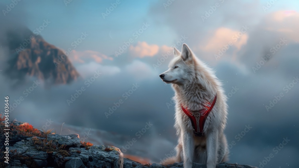 Obraz premium Powerful wolf with sequined harness and neon collar standing on a rock.