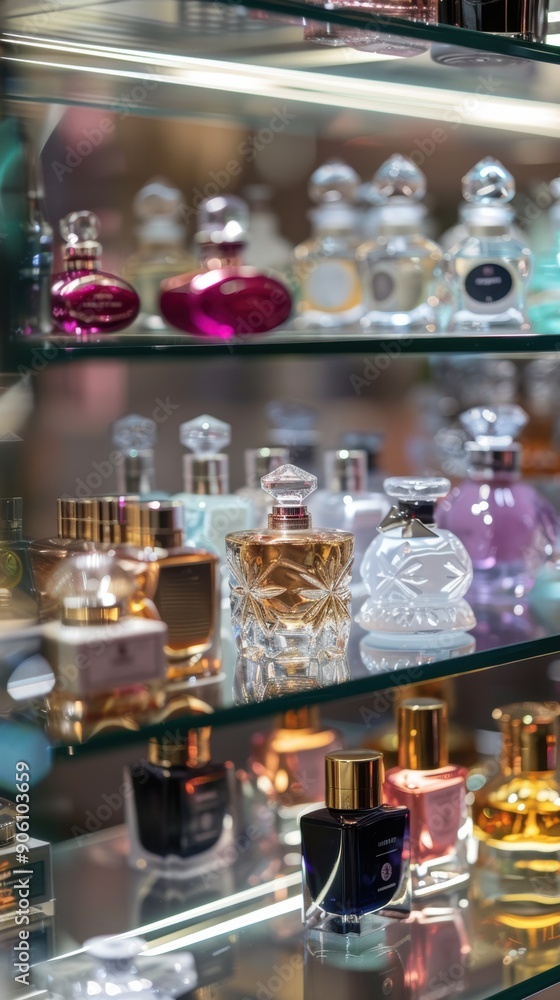 a collection of high-end perfumes displayed on a glass shelf a collection of high-end perfumes displayed on a glass shelf