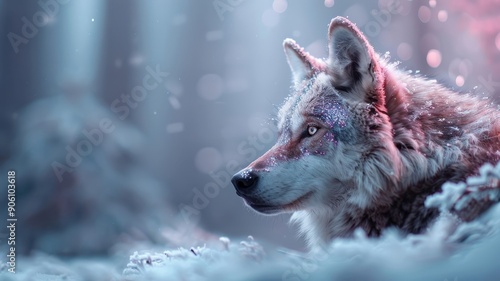 Sleek wolf with neon-accentuated fur slinks through a smoky haze. photo