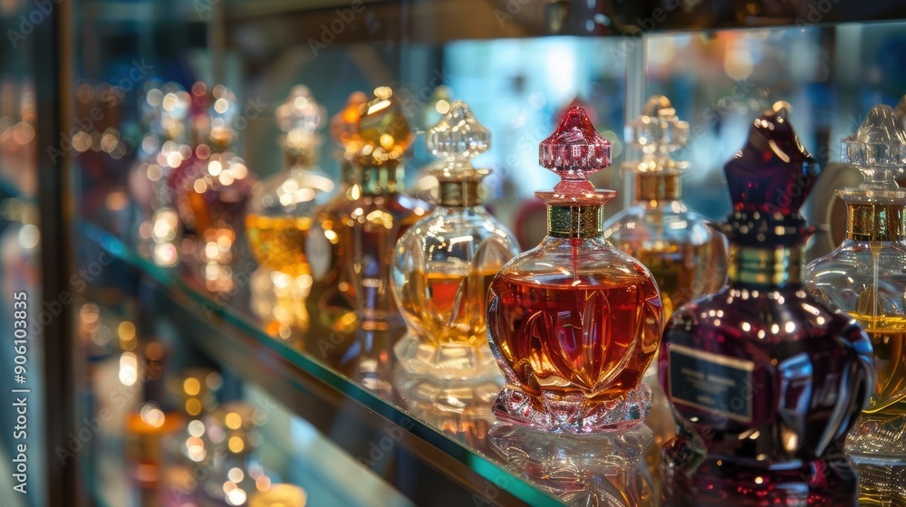 a collection of high-end perfumes displayed on a glass shelf a collection of high-end perfumes displayed on a glass shelf