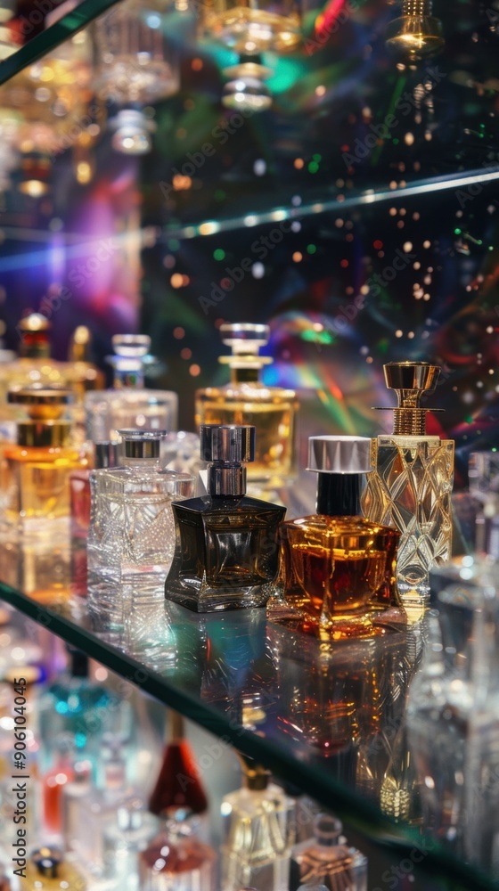 a collection of high-end perfumes displayed on a glass shelf a collection of high-end perfumes displayed on a glass shelf