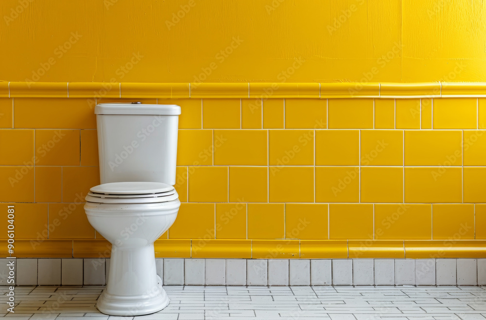 White toilet with yellow wall background and toilet brush next to it White toilet with yellow wall background and toilet brush next to it