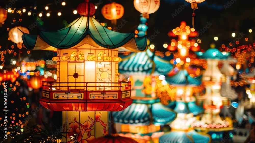 Fototapeta premium A colorful Korean lantern festival with lanterns of various shapes and sizes lighting up the night sky