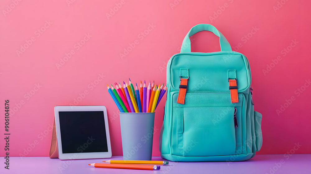 Colorful teal backpack and various school and office supplies including pencils crayons and a digital tablet arranged on a bright pink background Colorful teal backpack and various school and office supplies including pencils crayons and a digital tablet arranged on a bright pink background