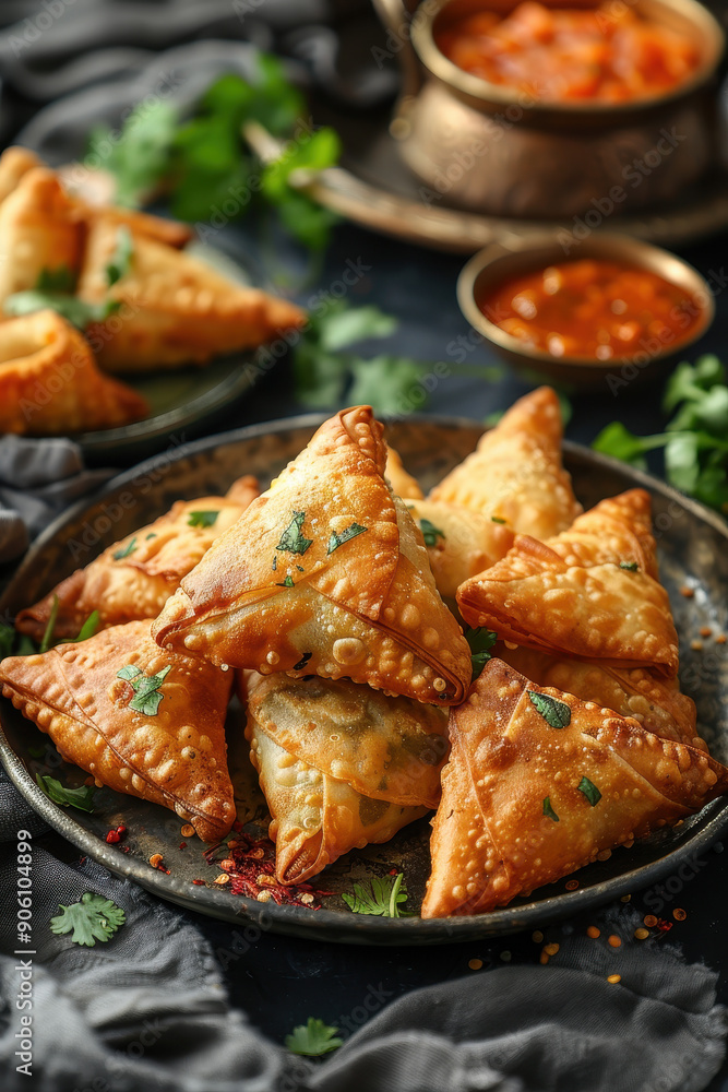 A plate of triangular pastries with parsley on top. The plate is on a table with other plates and bowls A plate of triangular pastries with parsley on top. The plate is on a table with other plates and bowls