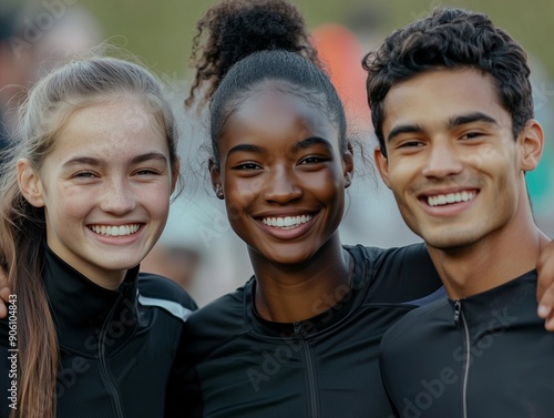 Group of Smiling Young Athletes from Various Ethnicities Standing Together in Stadium, Friendly Interaction and International Sport Spirit. Diverse Men and Women Looking at Camera with Warm Smiles