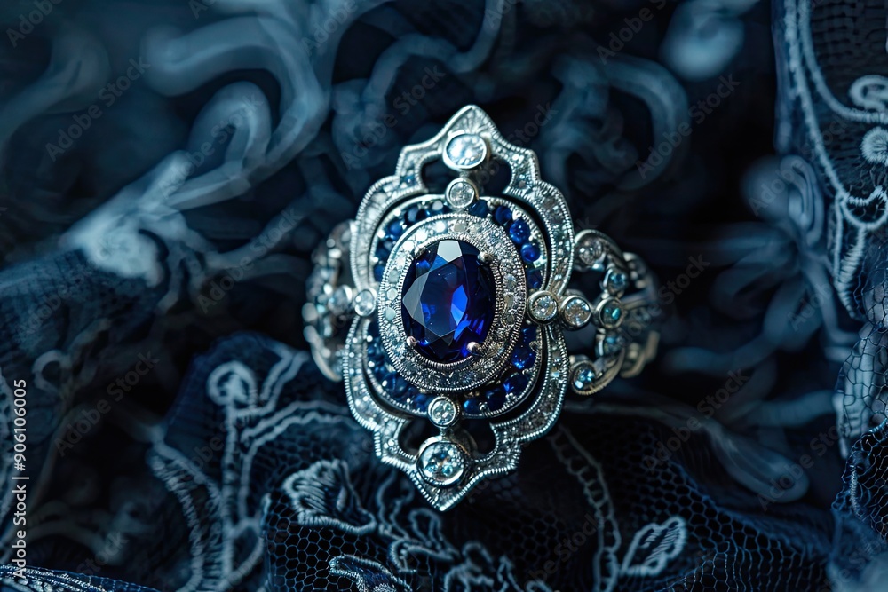 Obraz premium Intricate art deco ring with sapphires and diamonds on a black lace background