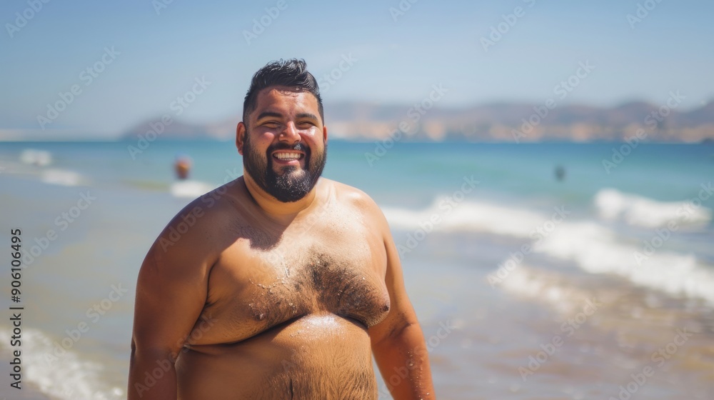 A confident plus-size man, enjoying a sunny day at the beach, proudly displaying his body and embracing self-love A confident plus-size man, enjoying a sunny day at the beach, proudly displaying his body and embracing self-love