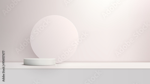 3D Minimalist Product Display with White Podium and Circular Background Against Neutral Wall. Modern Style Showroom