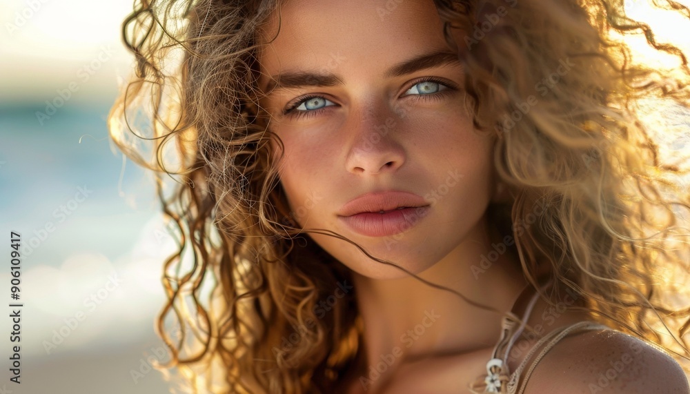 Beautiful Woman with Curly Hair and Intense Gaze on Beach, Natural Beauty in Sunlight, Close-Up Portrait