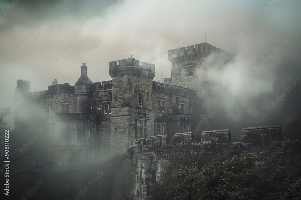 A large, historic castle shrouded in thick fog creates a mysterious and eerie atmosphere with muted gray and stone colors. A large, historic castle shrouded in thick fog creates a mysterious and eerie atmosphere with muted gray and stone colors.