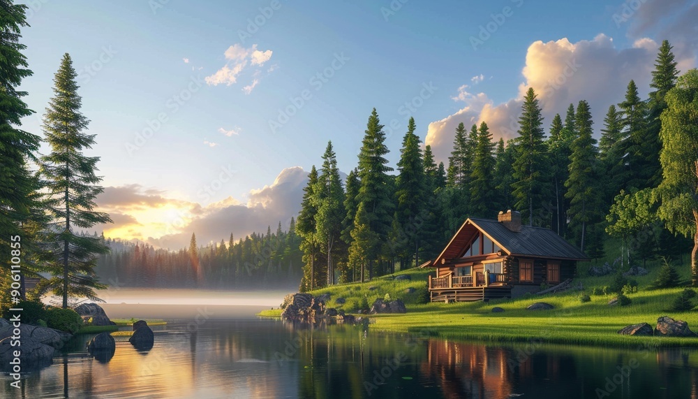 Fototapeta premium Serene Landscape Featuring Cozy Wooden Cabin Surrounded by Tall Pine Trees, Peaceful and Tranquil, Ecolodge, Copy Space