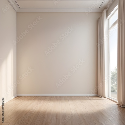 A new empty light cream living room with wooden floor