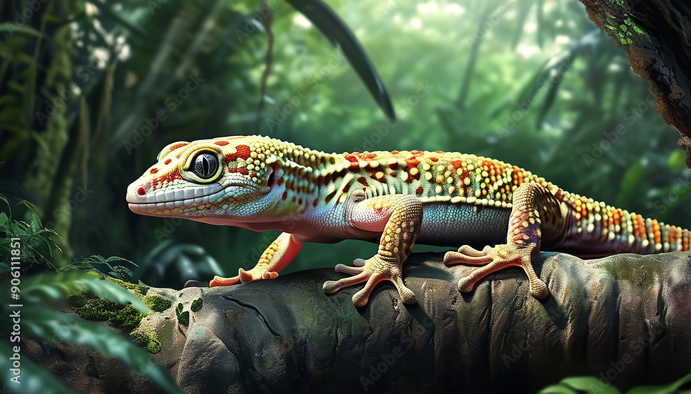 Illustration of a gecko in the wild, colorful on its body with a natural atmosphere Illustration of a gecko in the wild, colorful on its body with a natural atmosphere
