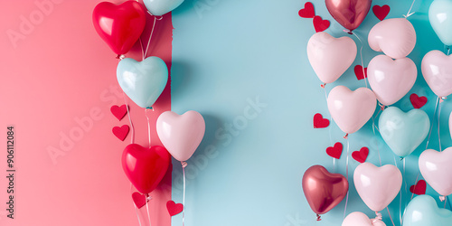 Heart-Shaped Balloons in Red and Pink on Colorful Background", "Valentine's Day Decoration with Heart Balloons