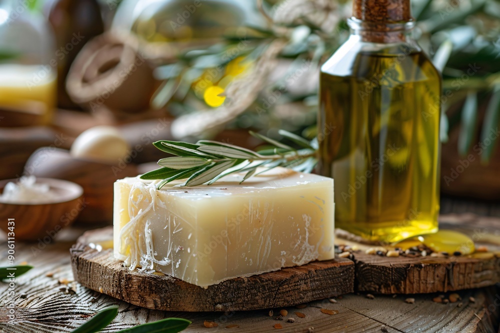 Homemade olive oil and herb soap, bottle of olive oil and rosemary on a wooden table. Homemade olive oil and herb soap, bottle of olive oil and rosemary on a wooden table.