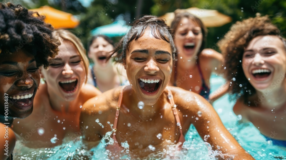 A group of friends at a pool party, proudly showing off their diverse bodies in swimwear, laughing and splashing in the water A group of friends at a pool party, proudly showing off their diverse bodies in swimwear, laughing and splashing in the water