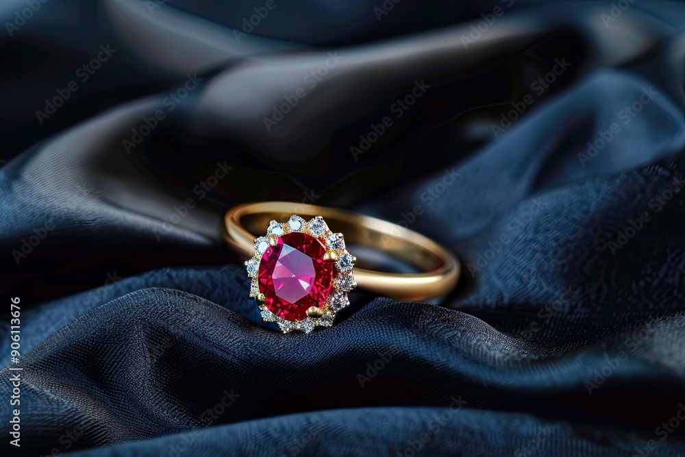 Luxurious ruby ring with a diamond halo in yellow gold on a black silk background Luxurious ruby ring with a diamond halo in yellow gold on a black silk background
