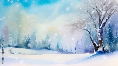Watercolor-painted forest under falling snow, creating a serene and magical winter scene.