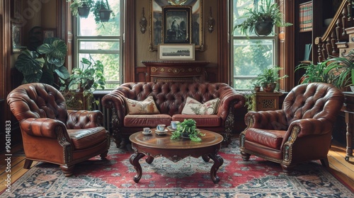 Background: The Victorian wallpaper features ornate, antique designs with intricate typography, creating a unique blend of art and history within the room, reminiscent of an old west parlor