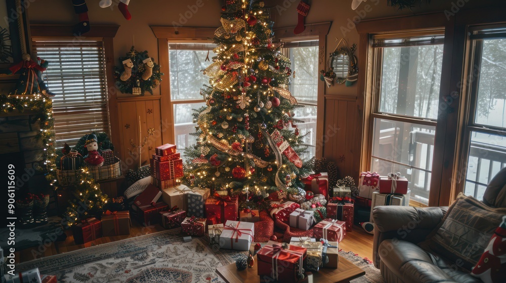 Christmas family gathering around a beautifully decorated tree with presents. Christmas family gathering around a beautifully decorated tree with presents.