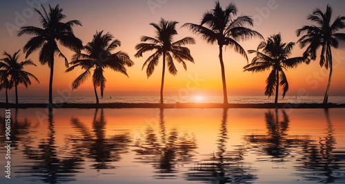 Silhouette coconut palm tree on the beach at beautiful sunset.